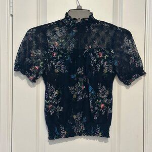 Black Sheer Floral Lace Top With Smocked Neck & Hem Short Puff Sleeves By Eyesha